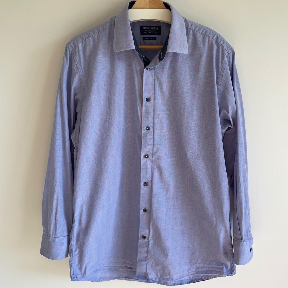 Skangen Designer Fit Mens Dress Shirt Blue Plaid Check Long Sleeve Large 16.5
